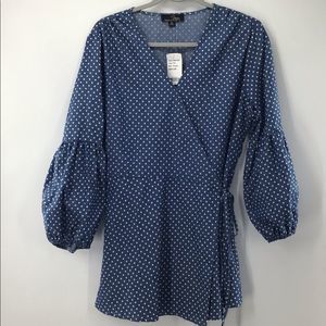 Suzanne Betro Wrap Blue White Polk a Dot Blouse New With Tag XL